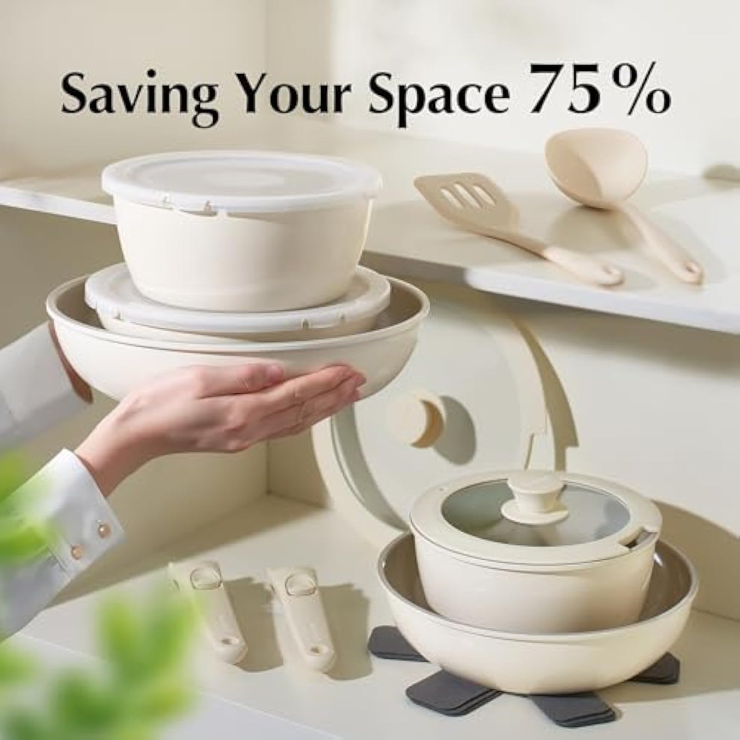 Redchef Pans and Pots Set Nonstick, Ceramic Cookware Set with Detachable Handles, Healthy,Non Toxic, Kitchen Cookware Sets16Pcs, Induction RV Kitchen Set, PFAS PFOA & PTFE Free, Beige White