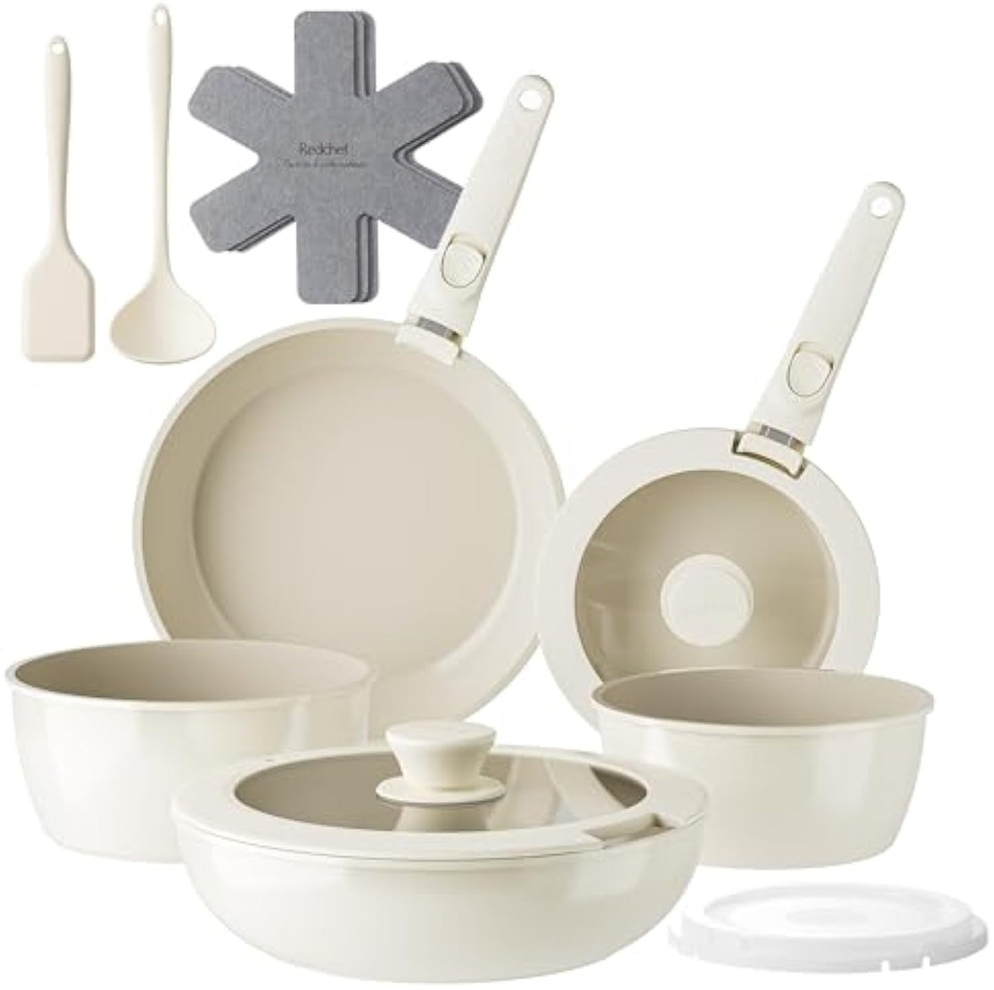 Redchef Pans and Pots Set Nonstick, Ceramic Cookware Set with Detachable Handles, Healthy,Non Toxic, Kitchen Cookware Sets16Pcs, Induction RV Kitchen Set, PFAS PFOA & PTFE Free, Beige White