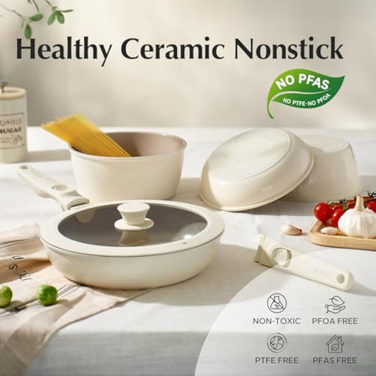 Redchef Pans and Pots Set Nonstick, Ceramic Cookware Set with Detachable Handles, Healthy,Non Toxic, Kitchen Cookware Sets16Pcs, Induction RV Kitchen Set, PFAS PFOA & PTFE Free, Beige White